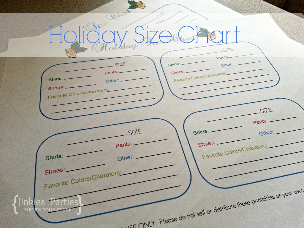Holiday Size Chart | Jinkies Parties